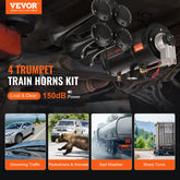 SucceBuy Train Horns Kit 4 Trumpet Air Horn Kit Train Horns 12V 120 psi Air Compressor for Any 12V Vehicle Car Truck Train Van